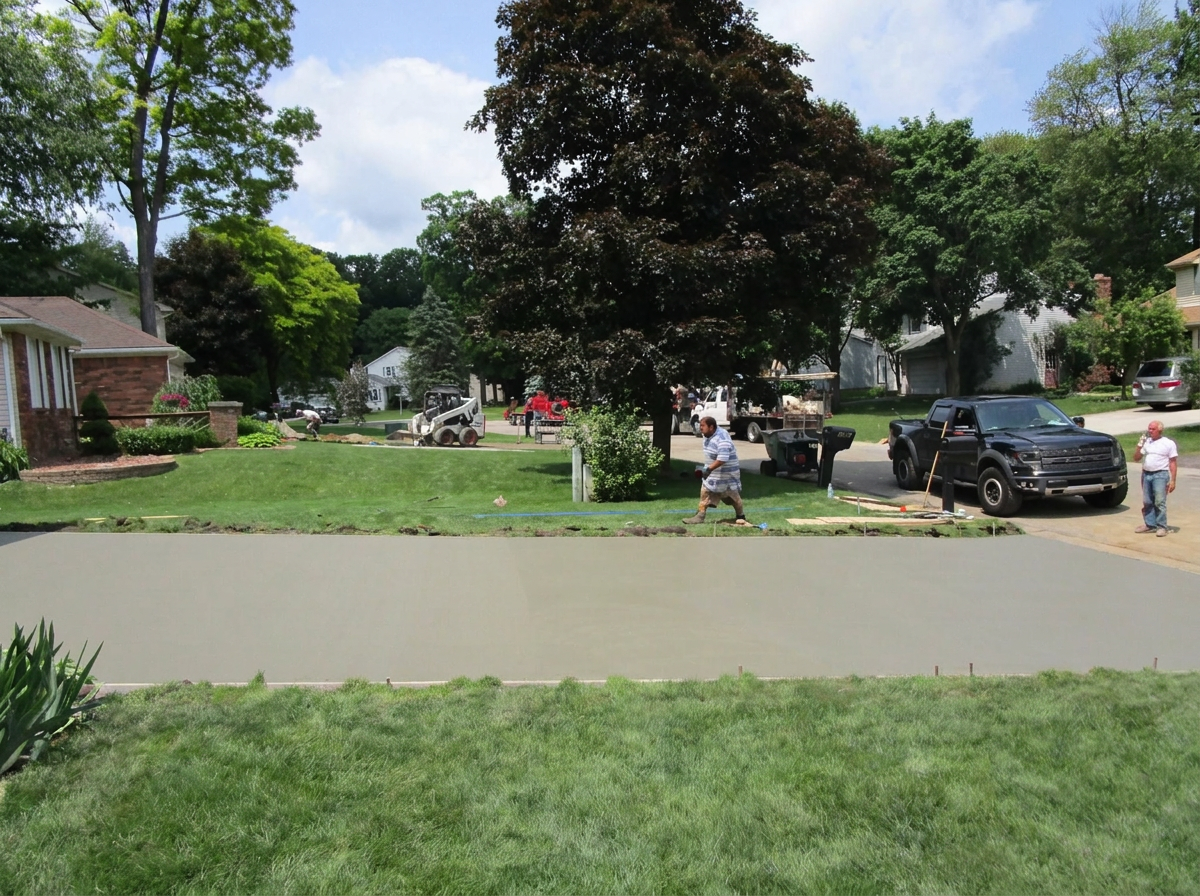 Freshly poured residential concrete driveway with the Marcucci Concrete Construction crew on site in Oakland County, Michigan