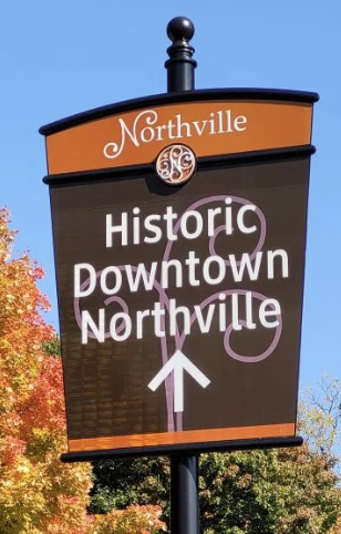 Historic Downtown Northville wayfinding sign in Northville, Michigan