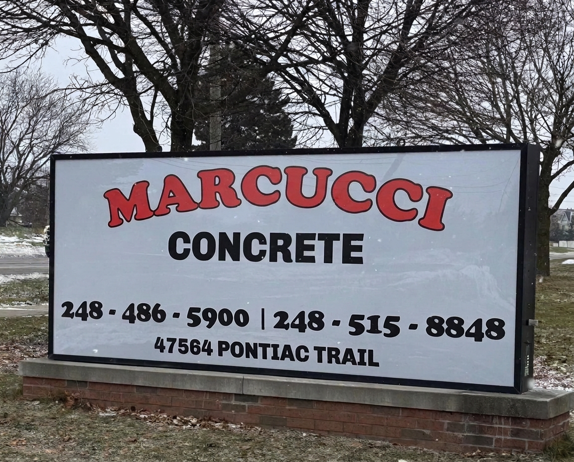 Marcucci & Son Concrete roadside sign at 47564 Pontiac Trail, Wixom, Michigan, showing phone (248) 486-5900
