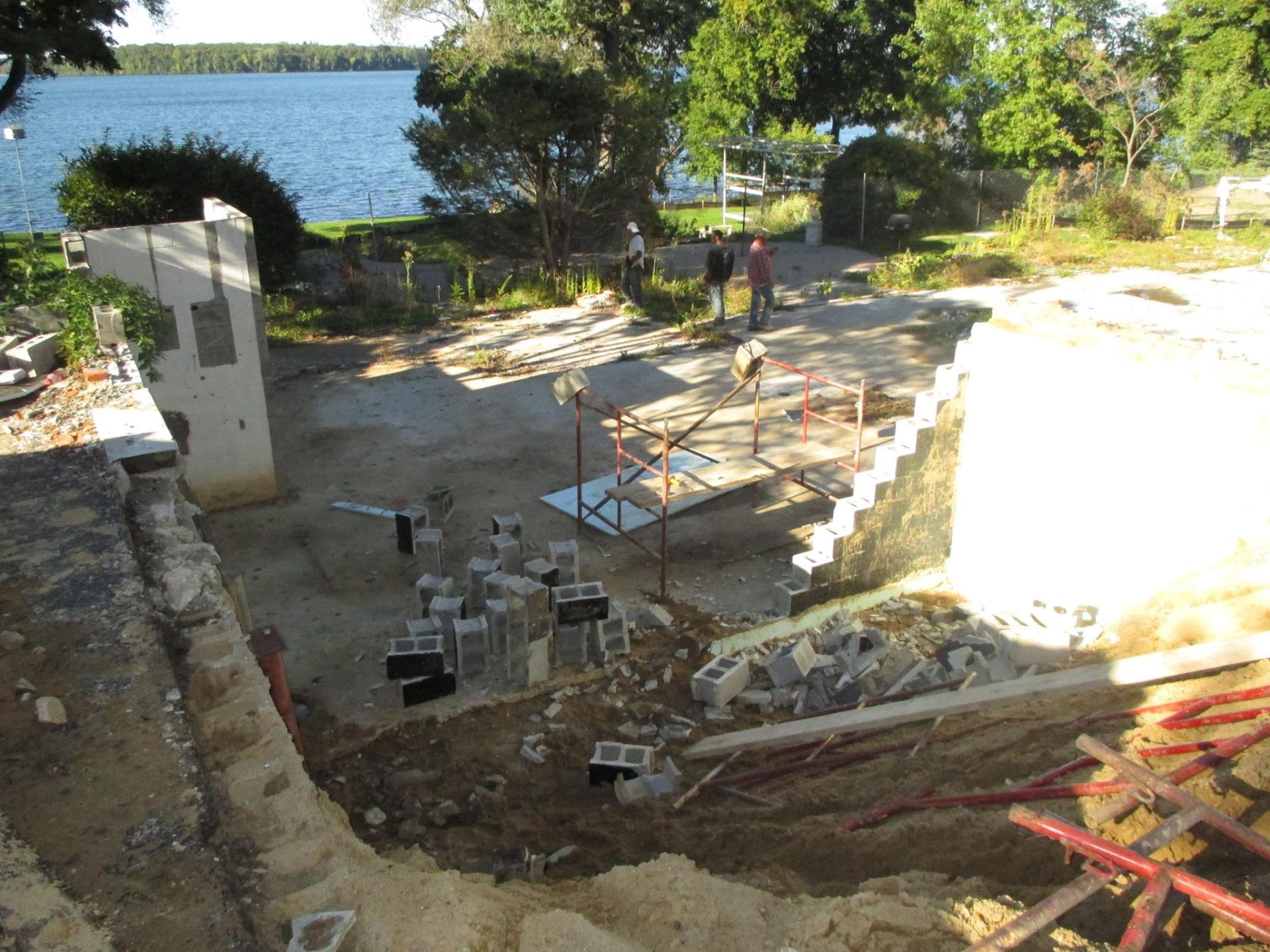 Lakefront foundation rebuild with block walls and scaffolding by Marcucci Concrete Construction in Oakland County, Michigan