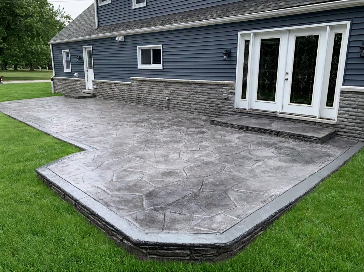 Large gray stamped concrete patio with a framed border and built-in entry steps installed by Marcucci Concrete Construction in Oakland County, Michigan