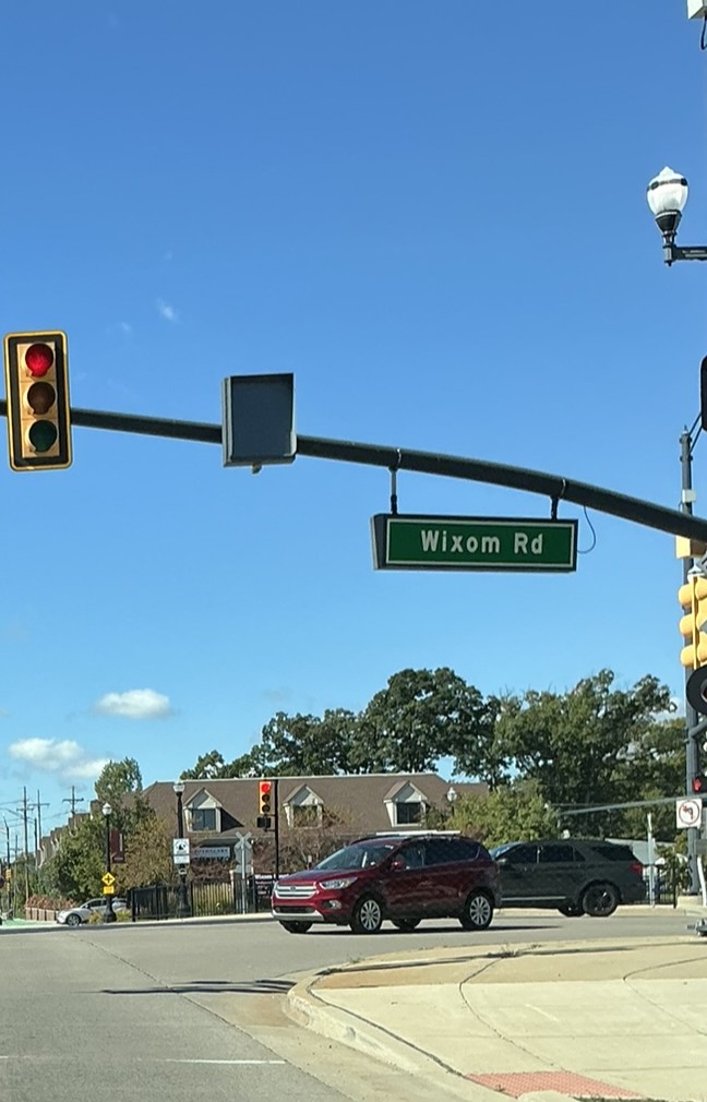 Wixom Road street sign in downtown Wixom, Michigan