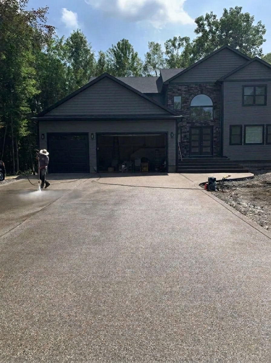 Exposed aggregate concrete driveway at a gray home by Marcucci Concrete in Oakland County, Michigan