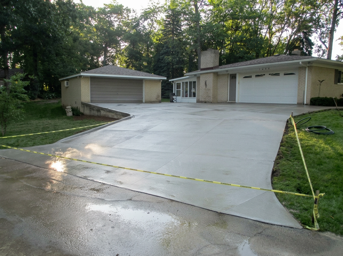 Freshly placed curved concrete driveway between two garages by Marcucci Concrete Construction