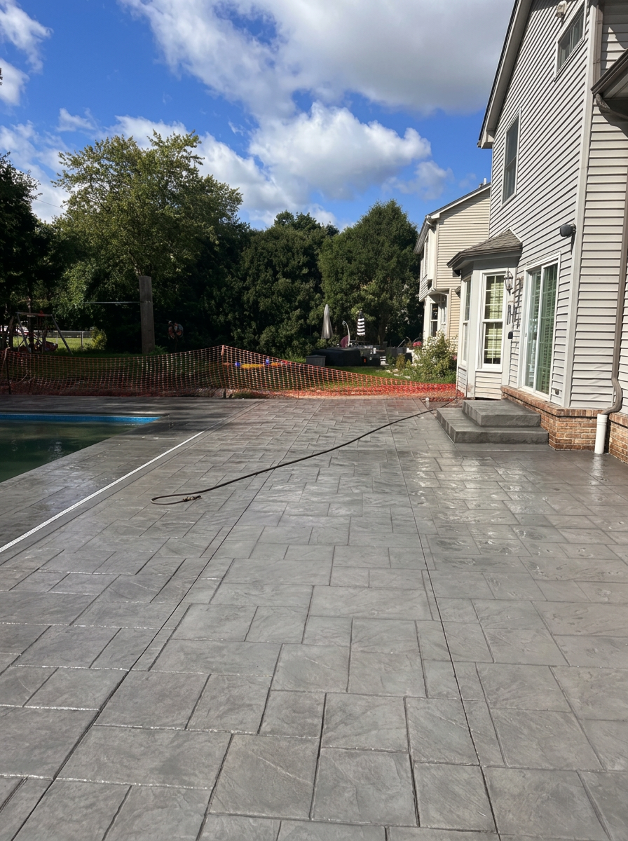 Large stamped concrete pool deck and entrance steps installed by Marcucci Concrete Construction in Oakland County, Michigan