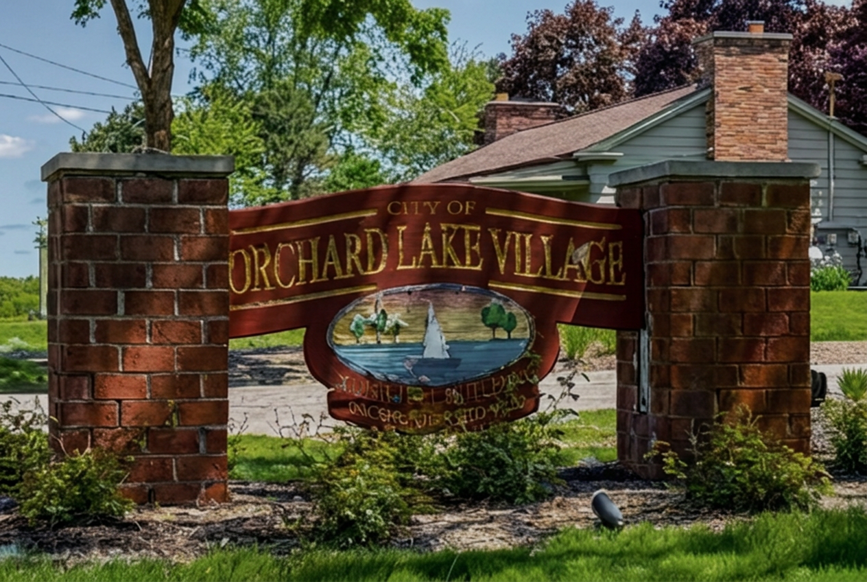 City of Orchard Lake Village entrance sign in Orchard Lake, Michigan